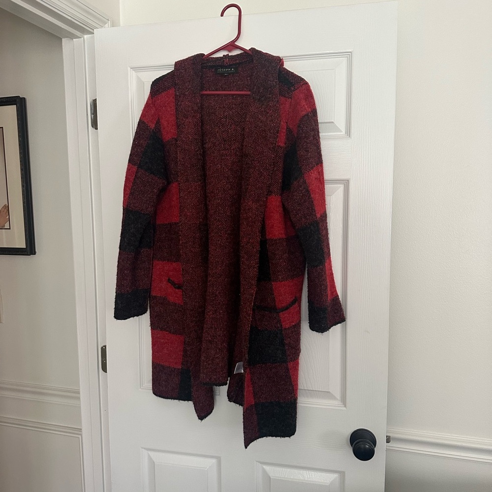 Red and Black Plaid Open Cardigan
